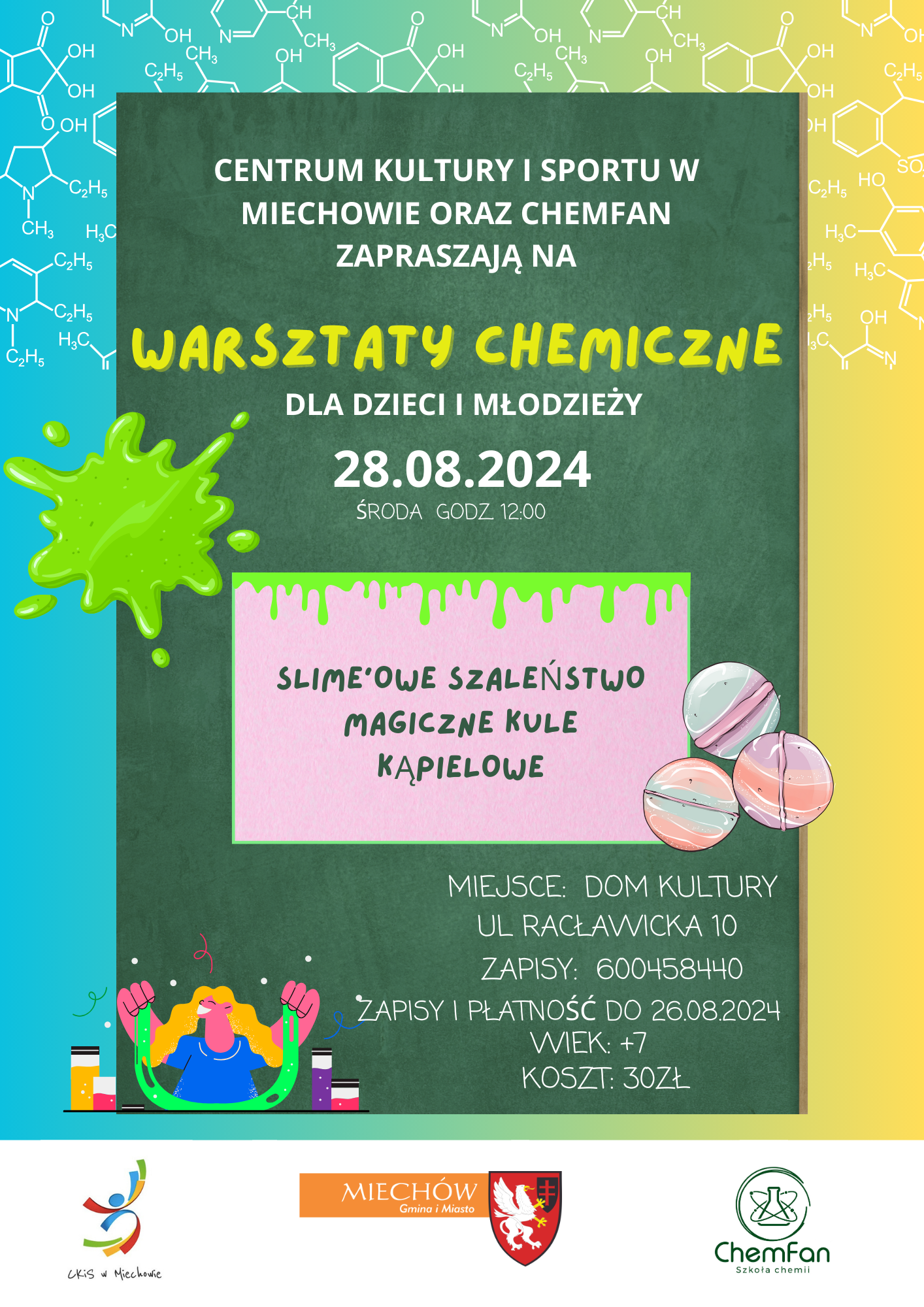 plakat na warsztaty chemiczne, które odbędą się  28.08.2024r.